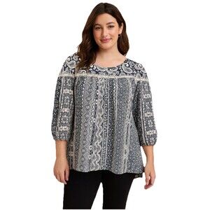 Altar’d State Boho Blouse Size Large Blue White Crochet Peasant